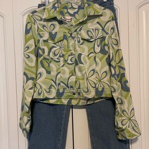 3 Sisters Retro Floral Jean Jacket in Lime Green and Blue